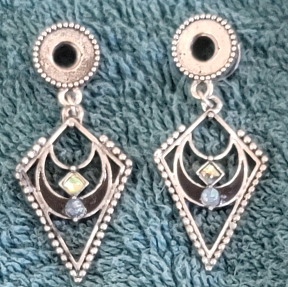 Silver Tone Long Triangle/2 Stone Drop Ear Gauges/Plugs/Tunnels 2g/6mm